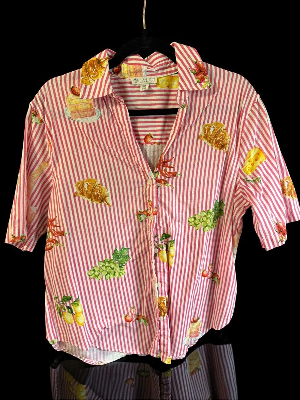 Eliane Rose Pink Stripe Food Print Button Front Blouse Size Medium